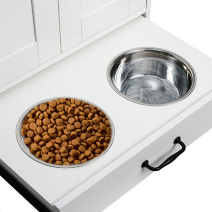 Dog Feeding Station Cabinet with Hidden Bowls & Storage — White