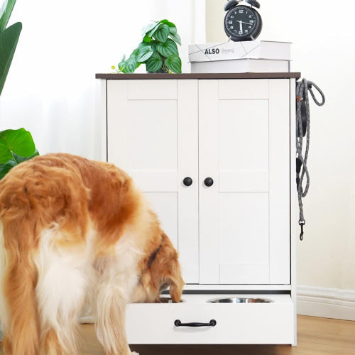 Dog Feeding Station Cabinet with Hidden Bowls & Storage — White
