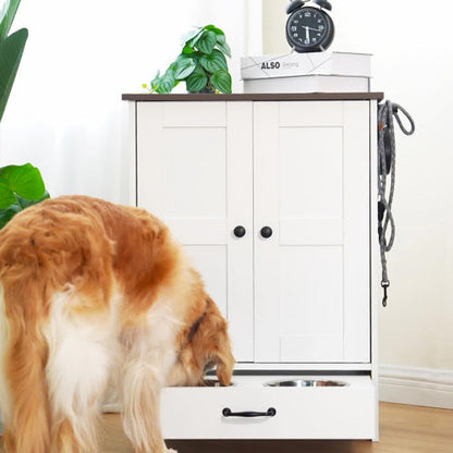 Dog Feeding Station Cabinet with Hidden Bowls & Storage — White