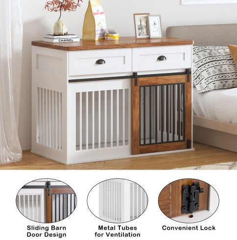 Furniture-Style Wooden Dog Crate with Double Doors — White & Walnut