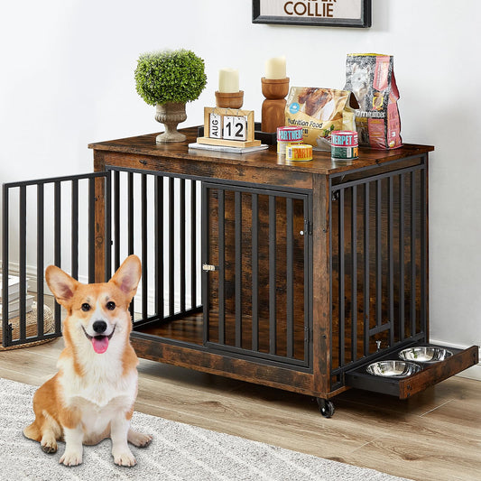 Furniture-Style Dog Crate with Wheels & 2 Bowls — Rustic Brown
