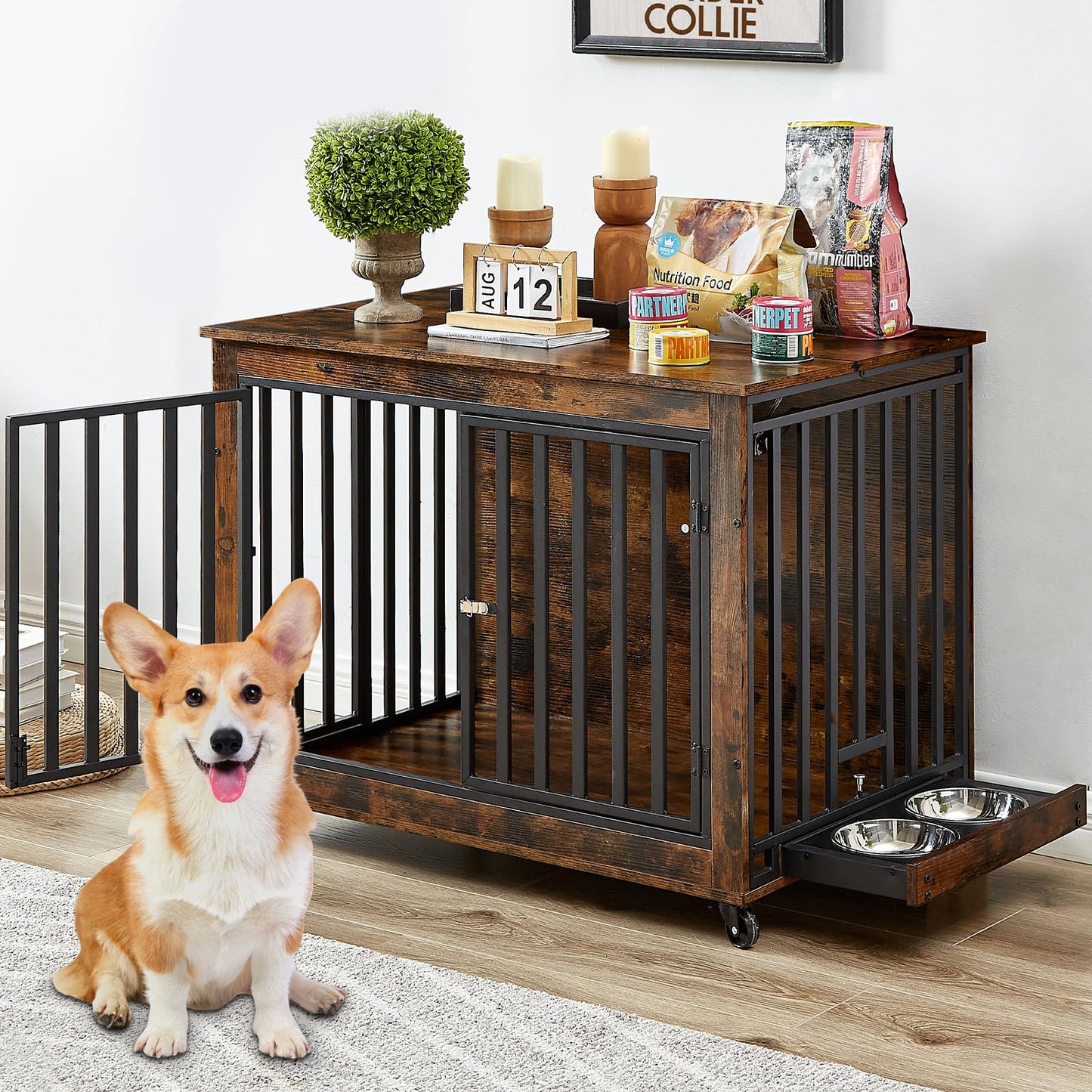 Furniture-Style Dog Crate with Wheels & 2 Bowls — Rustic Brown