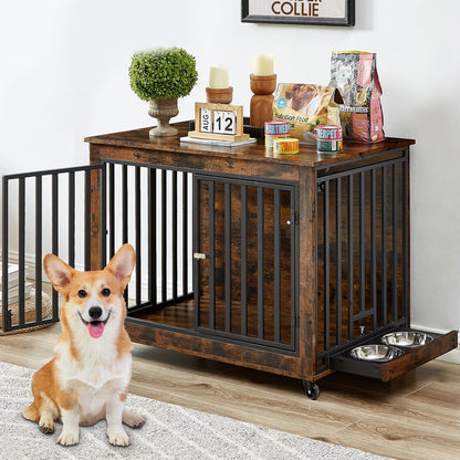 Furniture-Style Dog Crate with Wheels & 2 Bowls — Rustic Brown