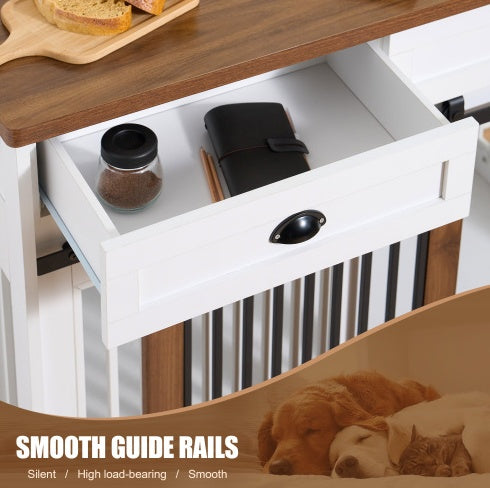 Furniture-Style Wooden Dog Crate with Double Doors — White & Walnut