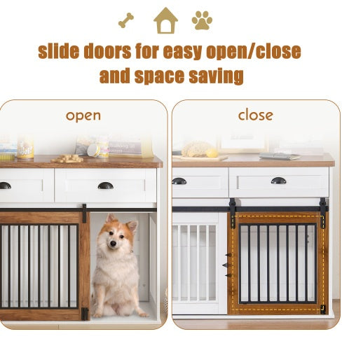 Furniture-Style Wooden Dog Crate with Double Doors — White & Walnut