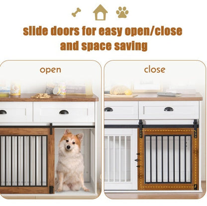 Furniture-Style Wooden Dog Crate with Double Doors — White & Walnut