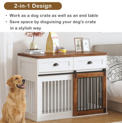 Furniture-Style Wooden Dog Crate with Double Doors — White & Walnut