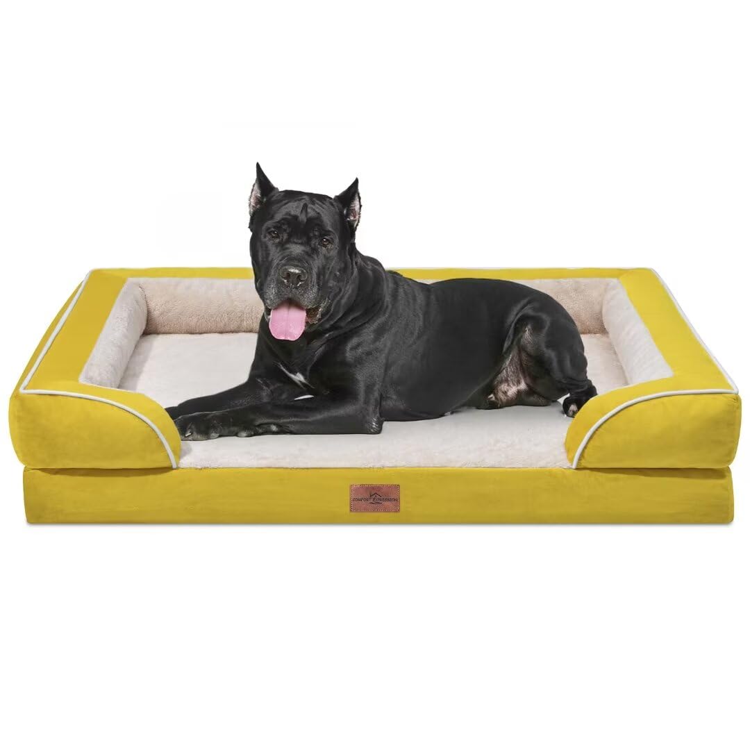 XXL Orthopedic Dog Sofa Bed with Bolster — Spicy Mustard