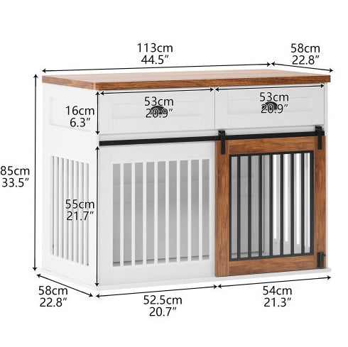 Furniture-Style Wooden Dog Crate with Double Doors — White & Walnut