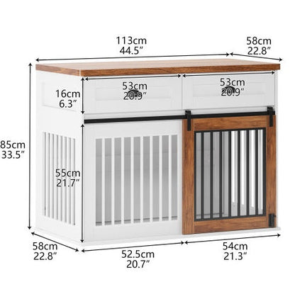 Furniture-Style Wooden Dog Crate with Double Doors — White & Walnut