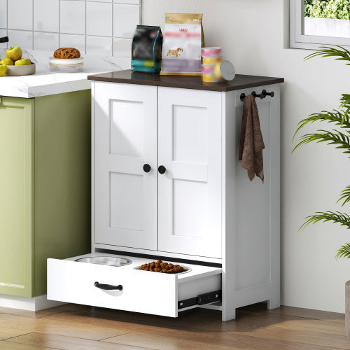 Dog Feeding Station Cabinet with Hidden Bowls & Storage — White