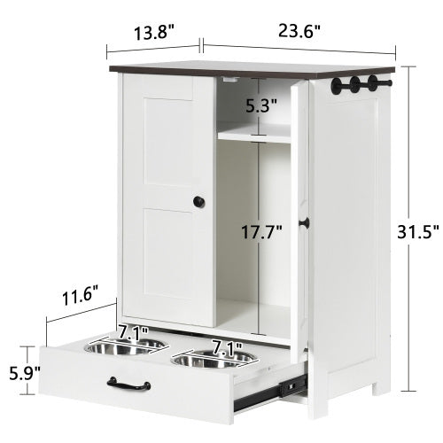 Dog Feeding Station Cabinet with Hidden Bowls & Storage — White