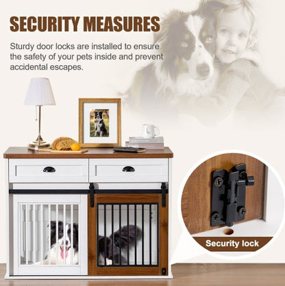 Furniture-Style Wooden Dog Crate with Double Doors — White & Walnut