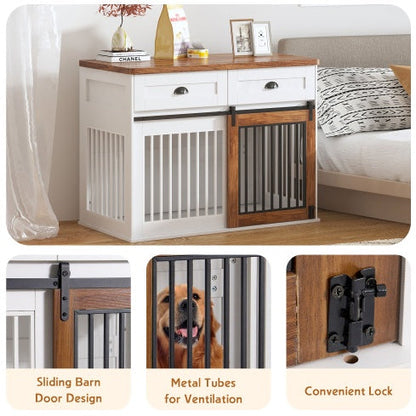 Furniture-Style Wooden Dog Crate with Double Doors — White & Walnut