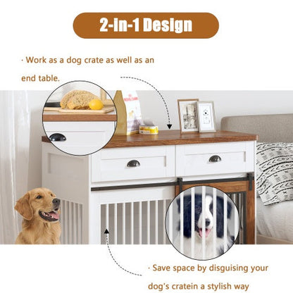 Furniture-Style Wooden Dog Crate with Double Doors — White & Walnut
