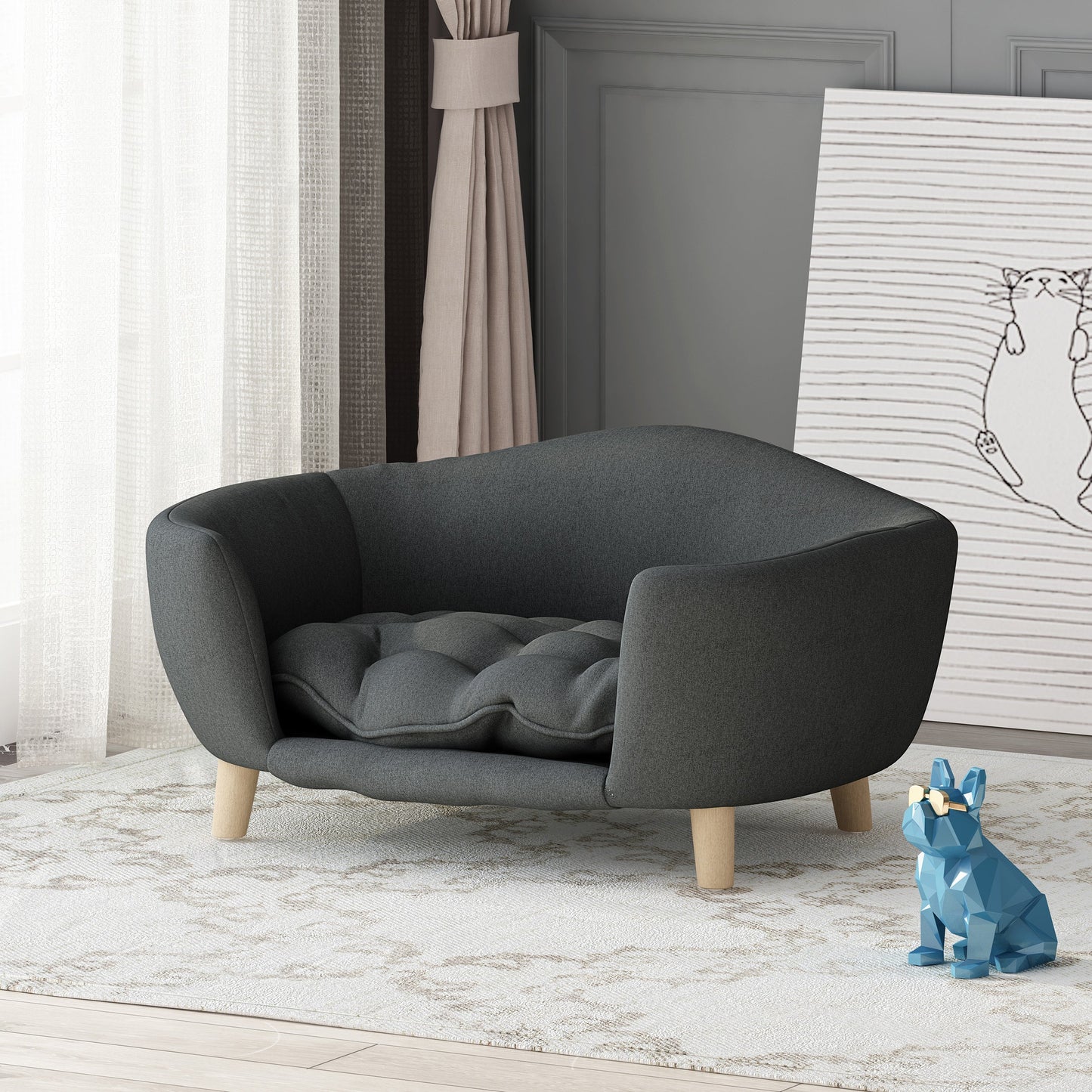 Mid-Century Modern Raised Dog Bed with Birch Legs — Dark Gray