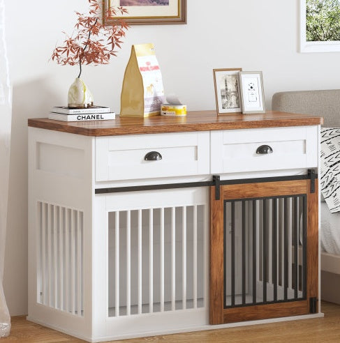 Furniture-Style Wooden Dog Crate with Double Doors — White & Walnut