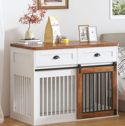Furniture-Style Wooden Dog Crate with Double Doors — White & Walnut