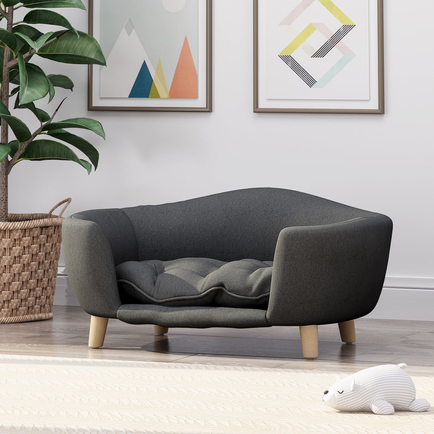 Mid-Century Modern Raised Dog Bed with Birch Legs — Dark Gray