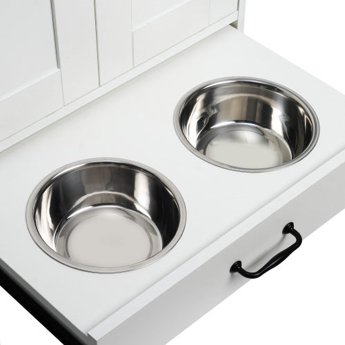 Dog Feeding Station Cabinet with Hidden Bowls & Storage — White