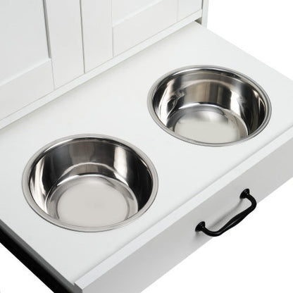 Dog Feeding Station Cabinet with Hidden Bowls & Storage — White