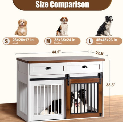 Furniture-Style Wooden Dog Crate with Double Doors — White & Walnut