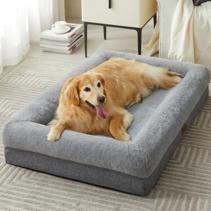 Plush Faux-Fur Orthopedic Dog Bed with Bolster — Grey