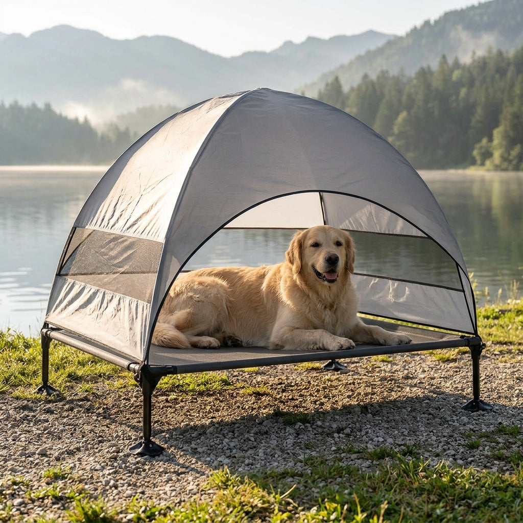 Elevated Outdoor Dog Bed with Sunshade and Anti-Slip Feet